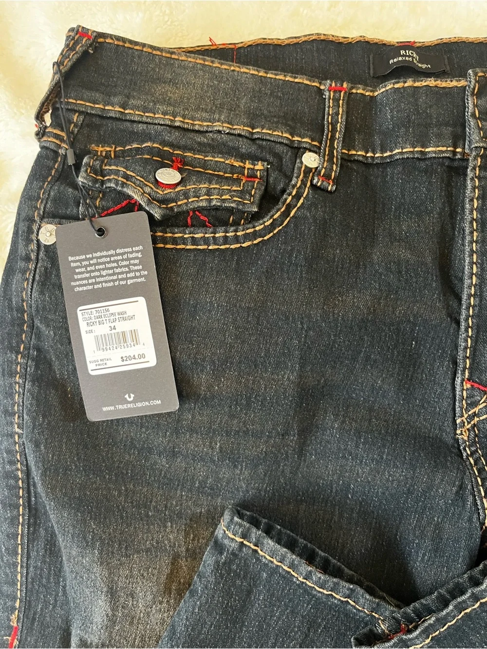 True Religion Ricky Jeans in Dark Blue with Red Stitching 34x34 NWT